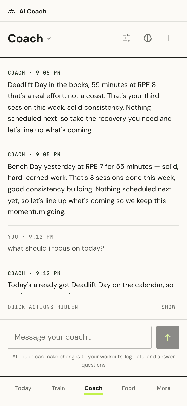 A coaching text thread inside Forge