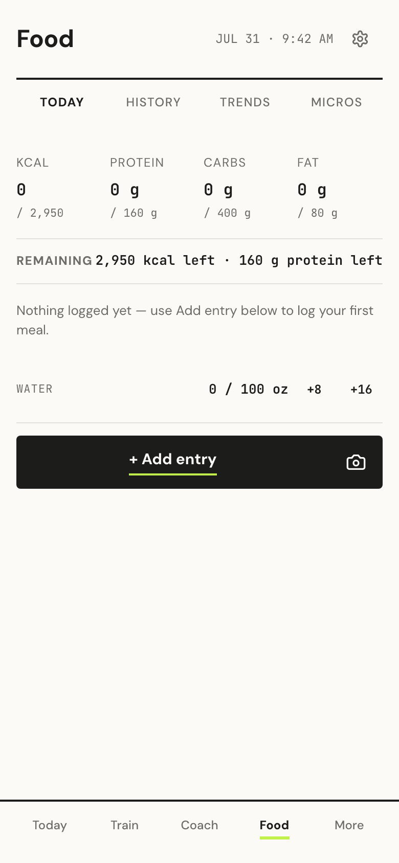 Forge fuel page with macros and calorie target
