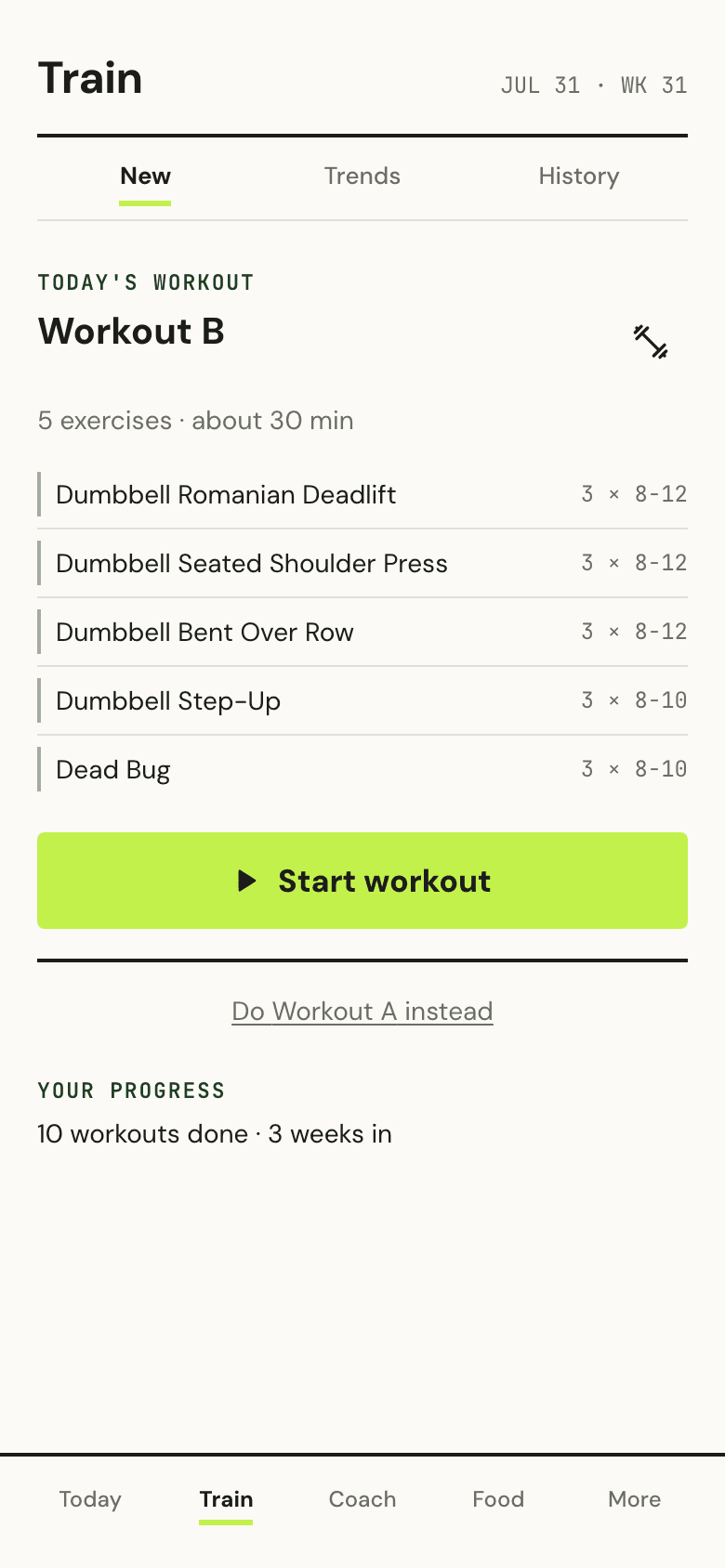 Forge lifting log with sets, reps and RIR