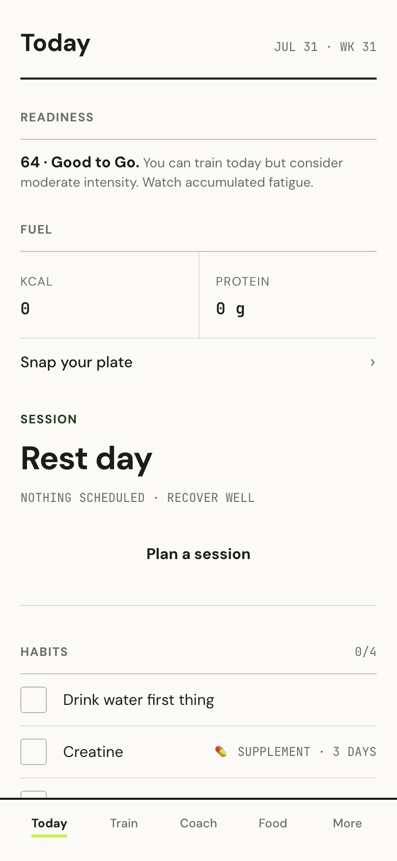 Forge Today screen showing the day's plan